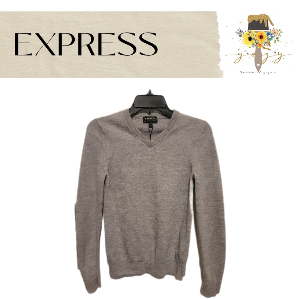 EXPRESS Men's Gray Merino Wool Sweater V-Neck  XS